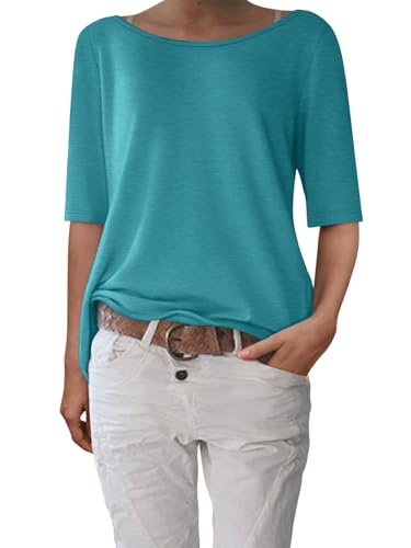 shownicer T-Shirt Damen Halbarm Shirt Elegant U-Boot Ausschnitt Sommer Tshirt Oberteil Basic Tops A Türkis XXL von shownicer