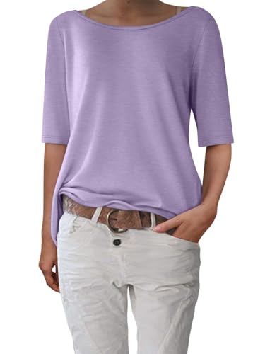 shownicer T-Shirt Damen Halbarm Shirt Elegant U-Boot Ausschnitt Sommer Tshirt Oberteil Basic Tops A Violett L von shownicer