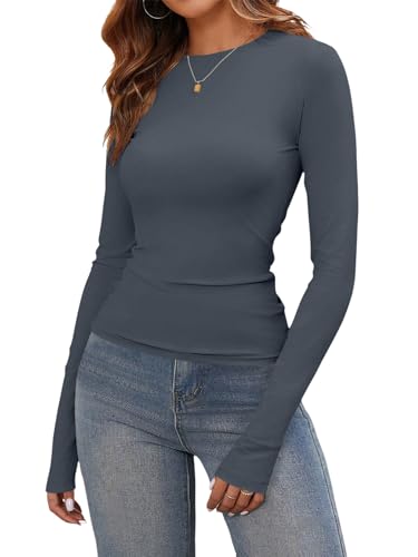 shownicer T-Shirt Damen Rundhals Stretch Oberteile Basic Langarm Eng Tshirt Slim Fit Y2K Tops A Dunkelgrau M von shownicer