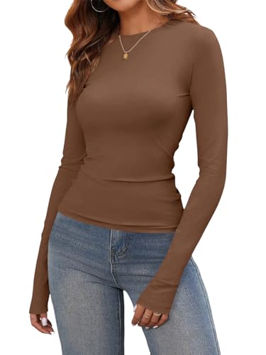 shownicer T-Shirt Damen Rundhals Stretch Oberteile Basic Langarm Eng Tshirt Slim Fit Y2K Tops A Kaffee XS von shownicer