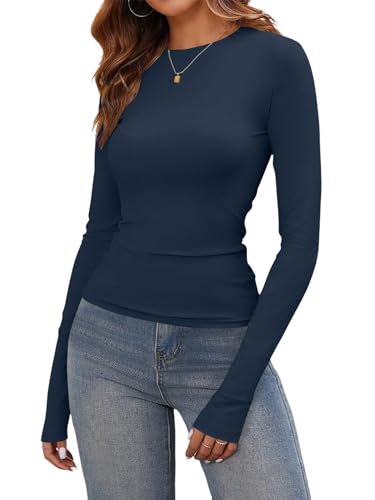 shownicer T-Shirt Damen Rundhals Stretch Oberteile Basic Langarm Eng Tshirt Y2K Slim Fit Tops A Marine S von shownicer