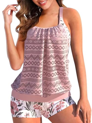 shownicer Tankini Damen Spitze Beachwear Push Up Einfarbig Zweiteilig Badeanzug Zweiteiliger Tankini Set Strand Schwimmanzug Swimsuits Bikini Tank Top und Badeshorts A Rosa L von shownicer