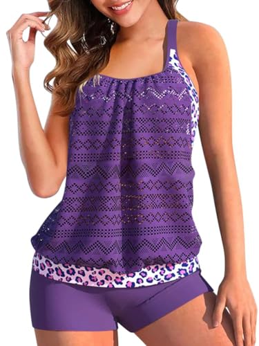 shownicer Tankini Damen Spitze Beachwear Push Up Einfarbig Zweiteilig Badeanzug Zweiteiliger Tankini Set Strand Schwimmanzug Swimsuits Bikini Tank Top und Badeshorts A Violett XXL von shownicer