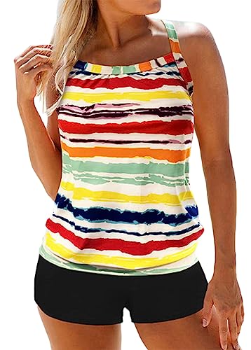 shownicer Tankini Damen Zweiteilig Badeanzug Push Up Bademoden Bauchweg Tankini Set Drucken Oberteile Und Badeshorts Strand Schwimmanzug Beachwear Zweiteiler Mit Pads F Gelb M von shownicer