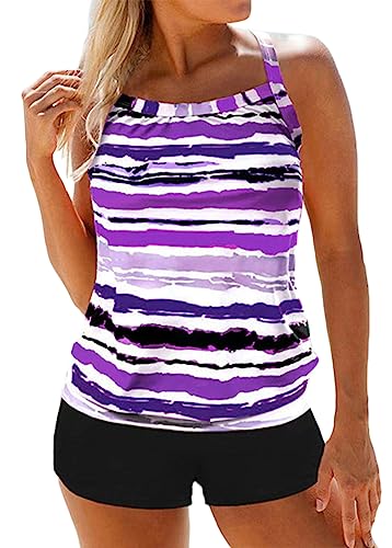 shownicer Tankini Damen Zweiteilig Badeanzug Push Up Bademoden Bauchweg Tankini Set Drucken Oberteile Und Badeshorts Strand Schwimmanzug Beachwear Zweiteiler Mit Pads F Violett L von shownicer