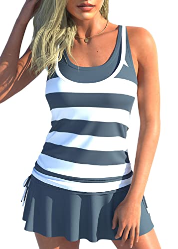 shownicer Tankini Set Damen Zweiteilig Badeanzug Push Up Bademoden Bauchweg Tankini Set Drucken Oberteile Und Badeshorts Beachwear Strand Schwimmanzug Tankinis Mit Rock A Grau L von shownicer