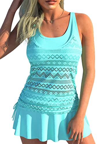 shownicer Tankini Set Damen Zweiteilig Badeanzug Push Up Bademoden Bauchweg Tankini Set Drucken Oberteile Und Badeshorts Beachwear Strand Schwimmanzug Tankinis Mit Rock A Grün XL von shownicer