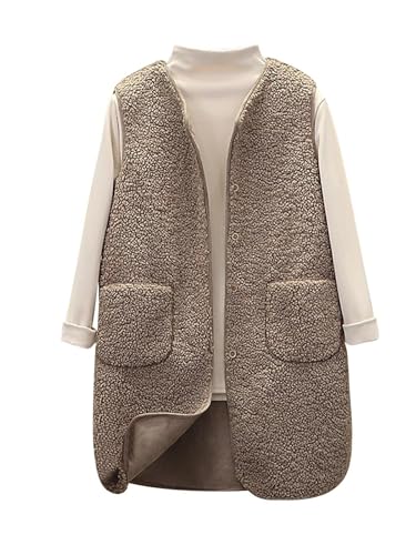 shownicer Teddy Fleece Weste Damen Herbst Winter Warm Ärmellos Westen Bequem Einfarbig Plüsch Weste Lang Jacke Lose Fleeceweste Plüschweste Outwear A Khaki L von shownicer