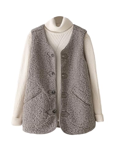 shownicer Teddy Fleece Weste Damen Herbst Winter Warm Ärmellos Westen Bequem Einfarbig Plüsch Weste Lang Jacke Lose Fleeceweste Plüschweste Outwear B Khaki XXL von shownicer