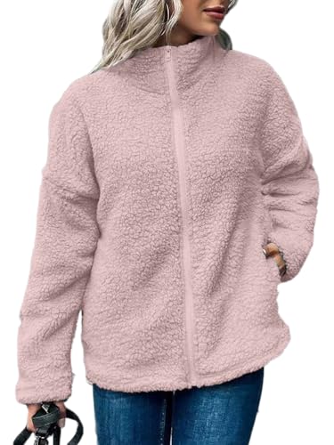 shownicer Teddyjacke Damen Langarm Stehkragen Teddyfleece Jacke Winter Plüschjacke Lässige Einfarbig Teddy Mantel mit Taschen Reißverschluss Wintermantel A Rosa 3XL von shownicer