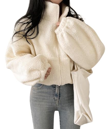 shownicer Teddyjacke Damen Warme Dicke Freizeit Winterjacke Einfarbig Fleecejacke mit Taschen Reißverschluss Wintermantel Plüschjacke Outdoor Fleecemantel A Aprikose XS von shownicer