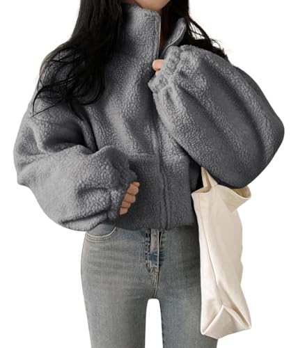 shownicer Teddyjacke Damen Warme Dicke Freizeit Winterjacke Einfarbig Fleecejacke mit Taschen Reißverschluss Wintermantel Plüschjacke Outdoor Fleecemantel A Grau M von shownicer