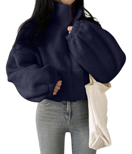 shownicer Teddyjacke Damen Warme Dicke Freizeit Winterjacke Einfarbig Fleecejacke mit Taschen Reißverschluss Wintermantel Plüschjacke Outdoor Fleecemantel A Marine M von shownicer