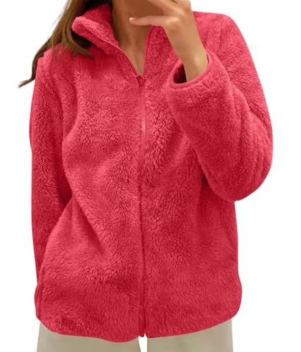 shownicer Teddyjacke Damen Warme Jacke Dicke Freizeit Winterjacke Einfarbig Fleecejacke mit Taschen Reißverschluss Wintermantel Plüschjacke Freizeit Outdoor Fleecemantel A Rot01 M von shownicer