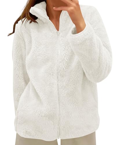 shownicer Teddyjacke Damen Warme Jacke Dicke Freizeit Winterjacke Einfarbig Fleecejacke mit Taschen Reißverschluss Wintermantel Plüschjacke Freizeit Outdoor Fleecemantel A Weiß XS von shownicer