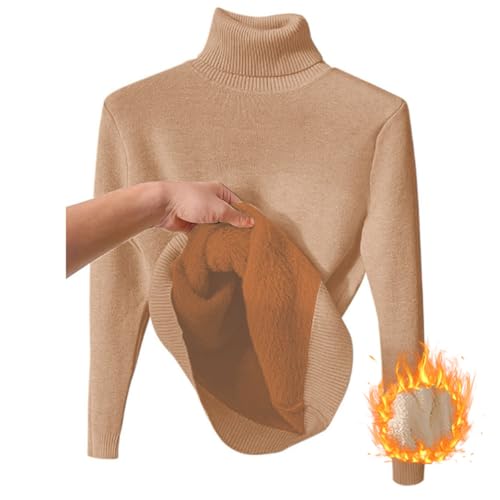 shownicer Thermo Langarmshirt Damen Rollkragenpullover Warme Plüsch Gefütterte Pulli Herbst Winter Strickpulli Slim Fit Einfarbig Thermounterwäsche Oberteil Tops A Braun 3XL von shownicer