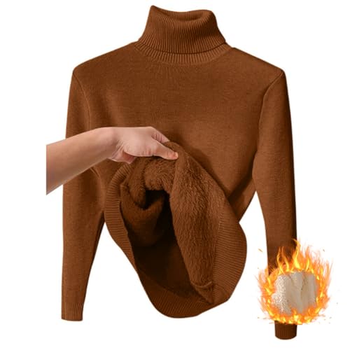 shownicer Thermo Langarmshirt Damen Rollkragenpullover Warme Plüsch Gefütterte Pulli Herbst Winter Strickpulli Slim Fit Einfarbig Thermounterwäsche Oberteil Tops A Kaffee XXL von shownicer