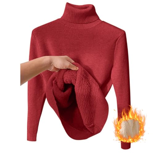 shownicer Thermo Langarmshirt Damen Rollkragenpullover Warme Plüsch Gefütterte Pulli Herbst Winter Strickpulli Slim Fit Einfarbig Thermounterwäsche Oberteil Tops A Rot 3XL von shownicer