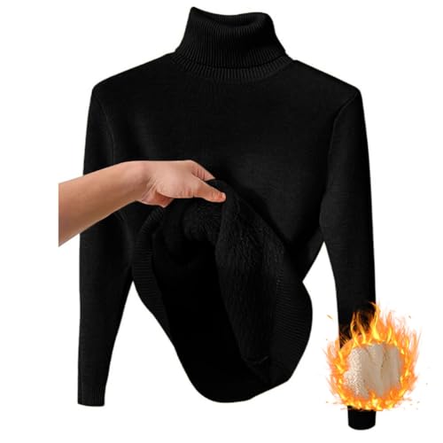 shownicer Thermo Langarmshirt Damen Rollkragenpullover Warme Plüsch Gefütterte Pulli Herbst Winter Strickpulli Slim Fit Einfarbig Thermounterwäsche Oberteil Tops A Schwarz 3XL von shownicer