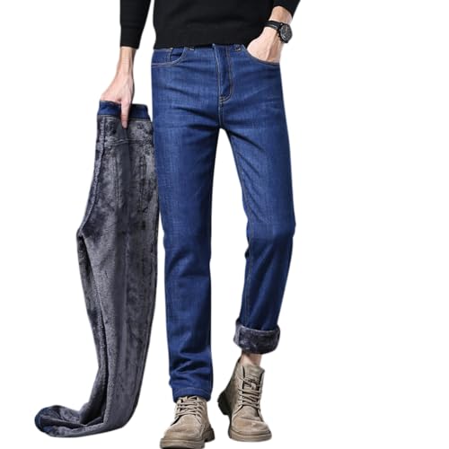 shownicer Thermojeans Herren Thermohose Schneehose Gefütterte Winterjeans mit Fleece Gefüttert Hosen Lammfleece Jeans Teddyfleece Warm Slim Fit Straight Leg Winterhose A Blau M von shownicer