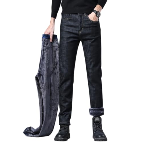 shownicer Thermojeans Herren Thermohose Schneehose Gefütterte Winterjeans mit Fleece Gefüttert Hosen Lammfleece Jeans Teddyfleece Warm Slim Fit Straight Leg Winterhose A Schwarz 3XL von shownicer