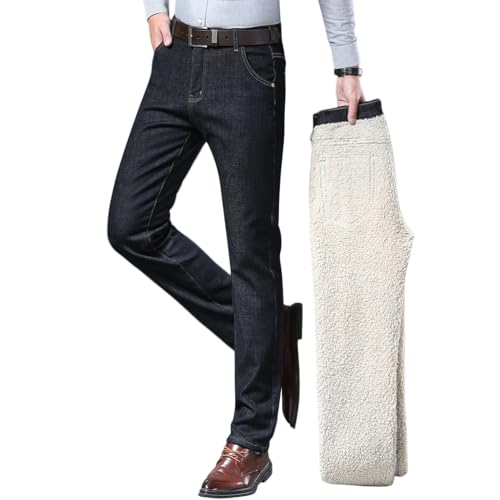 shownicer Thermojeans Herren Thermohose Schneehose Gefütterte Winterjeans mit Fleece Gefüttert Hosen Lammfleece Jeans Teddyfleece Warm Slim Fit Straight Leg Winterhose B Schwarz XS von shownicer