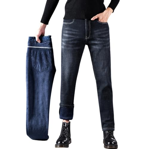 shownicer Thermojeans Herren Thermohose Schneehose Gefütterte Winterjeans mit Fleece Gefüttert Hosen Lammfleece Jeans Teddyfleece Warm Slim Fit Straight Leg Winterhose C Schwarz S von shownicer