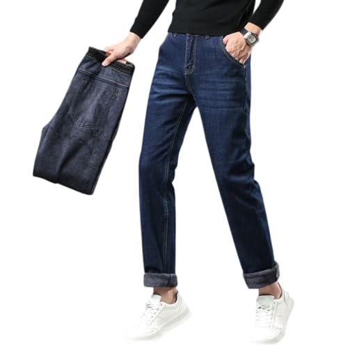 shownicer Thermojeans Herren Thermohose Schneehose Gefütterte Winterjeans mit Fleece Gefüttert Hosen Lammfleece Jeans Teddyfleece Warm Slim Fit Straight Leg Winterhose D Blau L von shownicer