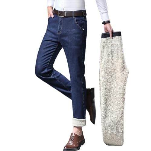 shownicer Thermojeans Herren Thermohose Schneehose Gefütterte Winterjeans mit Fleece Gefüttert Hosen Lammfleece Jeans Teddyfleece Warm Straight Leg Winterhose B Blau L von shownicer
