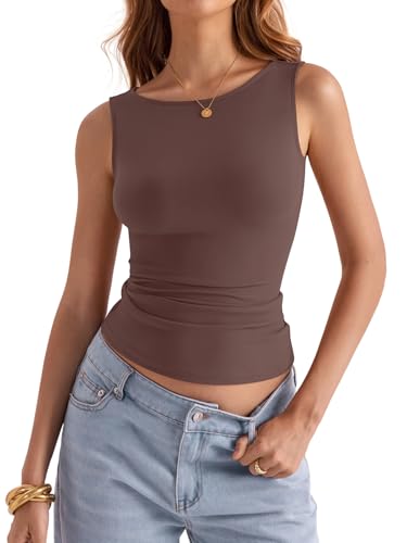 shownicer Top Damen U-Boot Ausschnitt Tank Top Sommer Sexy Ärmellos Tops Y2K Slim Fit Basic Oberteile A Braun L von shownicer