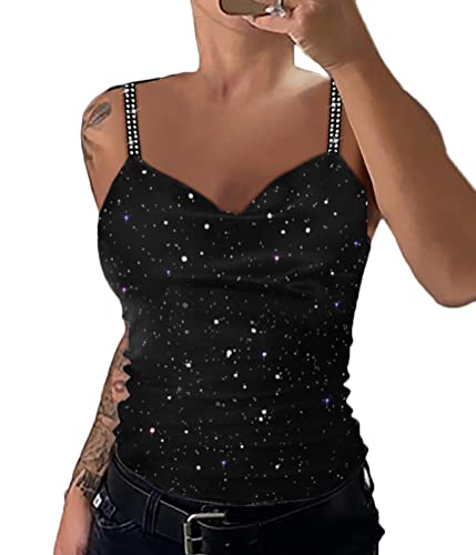 shownicer Tops Damen Glitzer Pailletten Tank Tops Spaghettiträger Oberteil Party Sparkle Trägershirt BlusenTop Shirt Elegant Vintage Ärmellose Weste C Schwarz03 M von shownicer