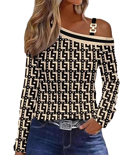 shownicer Tops Damen Langarm Rundhal Oberteile Bedruckte Bluse Damen Elegant Lässige Hemd Knopfleiste F Khaki L von shownicer