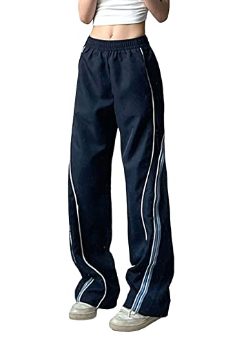 shownicer Track Pants Damen Teenager Baggy Cargohose Y2K Weites Bein Jogginghose Vintage Baggy Hosen für Frauen Elastische Taille Oversize Lose 90er E-Girl Streetwear Trackpants B Blau XS von shownicer