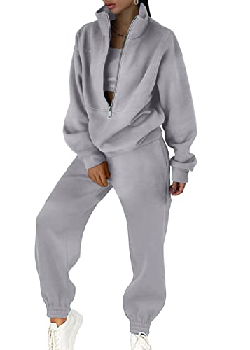 shownicer Trainingsanzug Damen Hausanzug Set Jogginganzug Zweiteiler Stehkragen Sportanzug Freizeitanzug 2 Teilig Langarm Zipper Sweatshirt + Lange Sporthose Frauen Tracksuit A Grau L von shownicer