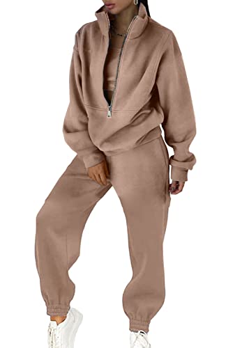 shownicer Trainingsanzug Damen Hausanzug Set Jogginganzug Zweiteiler Stehkragen Sportanzug Freizeitanzug 2 Teilig Langarm Zipper Sweatshirt + Lange Sporthose Frauen Tracksuit A Khaki L von shownicer