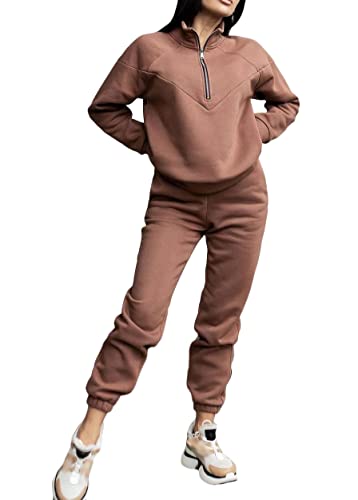 shownicer Trainingsanzug Damen Hausanzug Set Jogginganzug Zweiteiler Stehkragen Sportanzug Freizeitanzug 2 Teilig Langarm Zipper Sweatshirt + Lange Sporthose Frauen Tracksuit C Kaffee L von shownicer