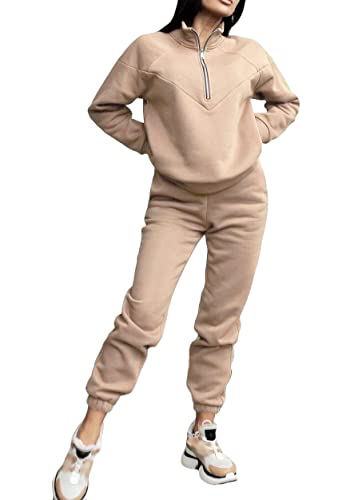 shownicer Trainingsanzug Damen Hausanzug Set Jogginganzug Zweiteiler Stehkragen Sportanzug Freizeitanzug 2 Teilig Langarm Zipper Sweatshirt + Lange Sporthose Frauen Tracksuit C Khaki M von shownicer