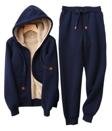shownicer Trainingsanzug Damen Hausanzug Winterjacke Kapuzenpullover und Jogginghose Zweiteiler Outfit Warm Vlies Jogginganzug 2 Teilig Freizeitanzug Sportanzug Winter Damenanzug A Dunkelblau S von shownicer