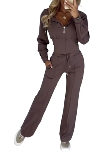 shownicer Trainingsanzug Damen Set 2 Stück Jogginganzug Winter Sportanzug Set Langarm Einfarbig Outfit Sportwear A Kaffee S von shownicer