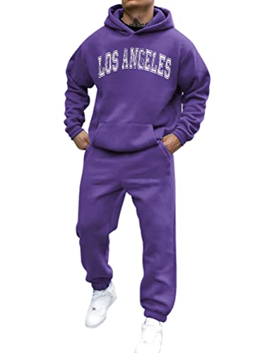 shownicer Trainingsanzug Herren Sportbekleidung Los Angeles Druck Hoodie Mit Kapuze Langarm Mit Taschen Hausanzug 2-Teilig Herbst Winter Kapuzenjacke Jogginghose Jogginganzug Set B Violett XS von shownicer