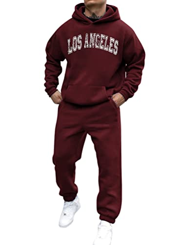 shownicer Trainingsanzug Herren Sportbekleidung Los Angeles Druck Hoodie Mit Kapuze Langarm Mit Taschen Hausanzug 2-Teilig Herbst Winter Kapuzenjacke Jogginghose Jogginganzug Set B Weinrot 3XL von shownicer