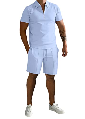 shownicer Trainingsanzug Sommer Sportanzug 2 Teiliges Outfit Sport Kurzarm Sportanzug T-Shirts + Kurze Hose Sets Freizeitanzug Trainingsanzug A Hellblau M von shownicer