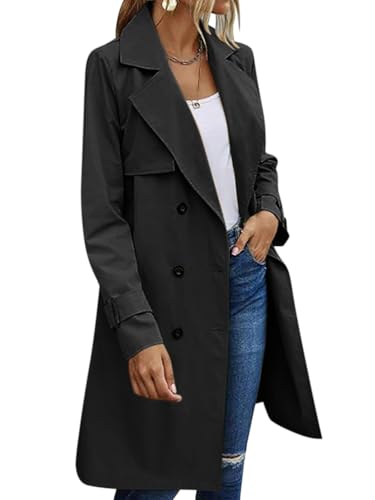shownicer Trenchcoat Damen Zweireiher Übergangsmantel Einfarbig Revers Mantel Mit Gürtel Herbst Winter Wintermantel A Schwarz XL von shownicer