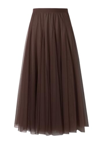 shownicer Tüllrock A Linie Elastischer Hoher Bund Midirock Damen Mesh Großer Saum Langer Rock Elegant Unterrock A Dunkelkaffee XL von shownicer
