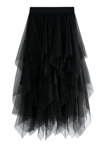 shownicer Tüllrock Damen Asymmetrisch Mesh Rock Elegant Tüll Plisseerock A Linie Röcke Hohe Taille Rock Faltenrock A Schwarz XL von shownicer