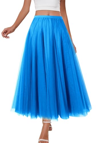 shownicer Tüllrock Damen Lang Elegant Vintage Blume Elastisch Höhe Taille A Linie Swing Freizeit Midi Rock A Blau XXL von shownicer