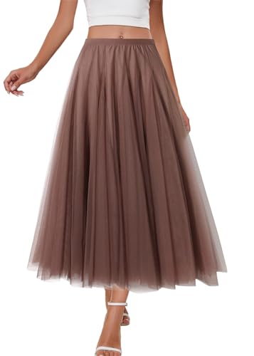shownicer Tüllrock Damen Lang Elegant Vintage Blume Elastisch Höhe Taille A Linie Swing Freizeit Midi Rock A HellKaffee XXL von shownicer