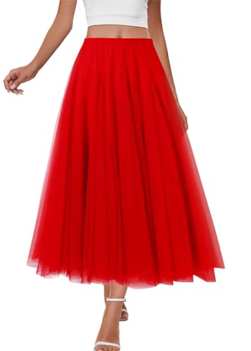 shownicer Tüllrock Damen Lang Elegant Vintage Blume Elastisch Höhe Taille A Linie Swing Freizeit Midi Rock A Rot M von shownicer