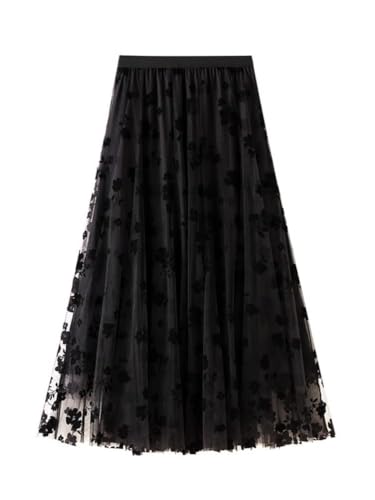 shownicer Tüllrock Damen Lang Elegant Vintage Blume Gestickte Elastisch High Waist A Linie Swing Freizeitrock A Schwarz XXL von shownicer