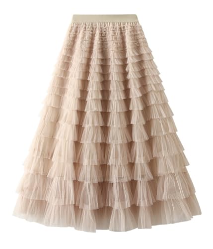 shownicer Tüllrock Damen Lang Faltenrock Elegant Vintage Mesh Rüschen Elastisch High Waist A Linie Swing Midi Rock A Dunkelaprikose M von shownicer